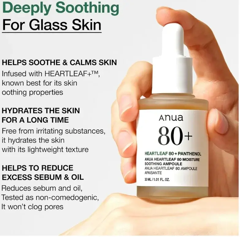 Anua Heartleaf 80 Soothing Ampoule, Hydration Facial Serum for Glass Skin, Panthenol, Hyaluronic Acid, Non-Greasy, Gentle Formula, Lightweight Essence, Vegan, Korean Skin Care, 30ml