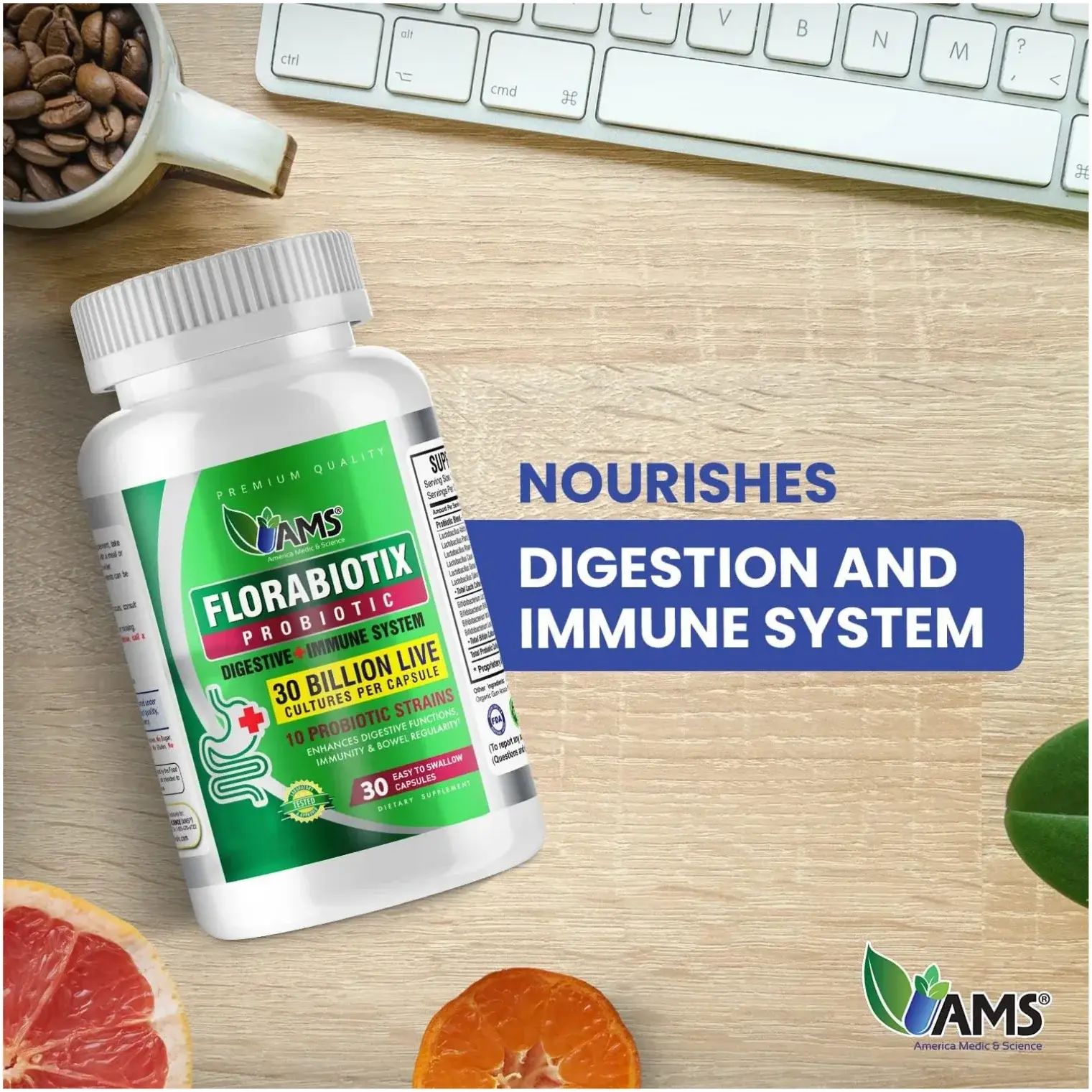 AMS Florabiotix 30 Billion CFU Probiotic Digestive Health Capsules 30s