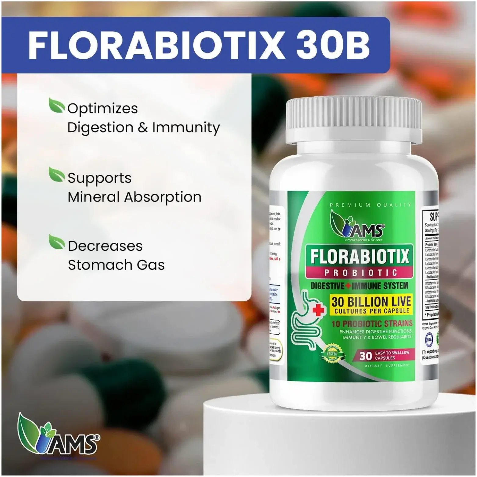 AMS Florabiotix 30 Billion CFU Probiotic Digestive Health Capsules 30s