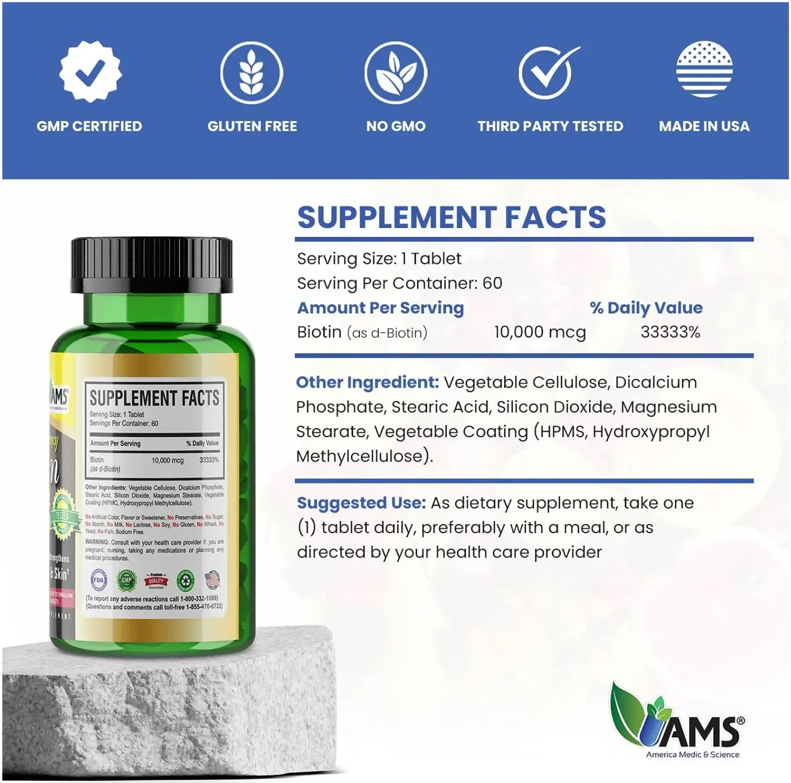 AMS Biotin 10000mcg Hair Skin and Nail Growth Support Tablets 60s