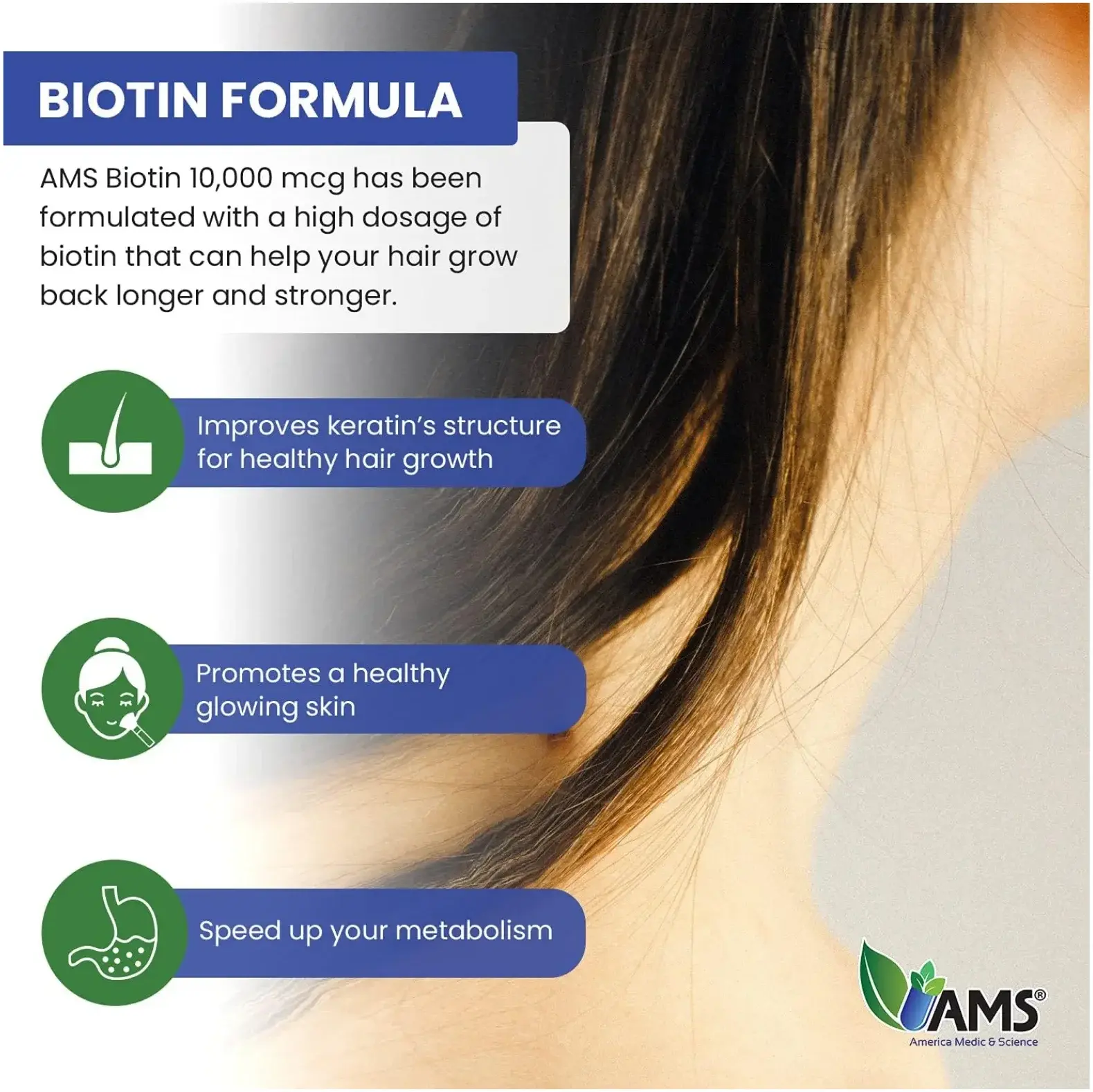 AMS Biotin 10000mcg Hair Skin and Nail Growth Support Tablets 60s