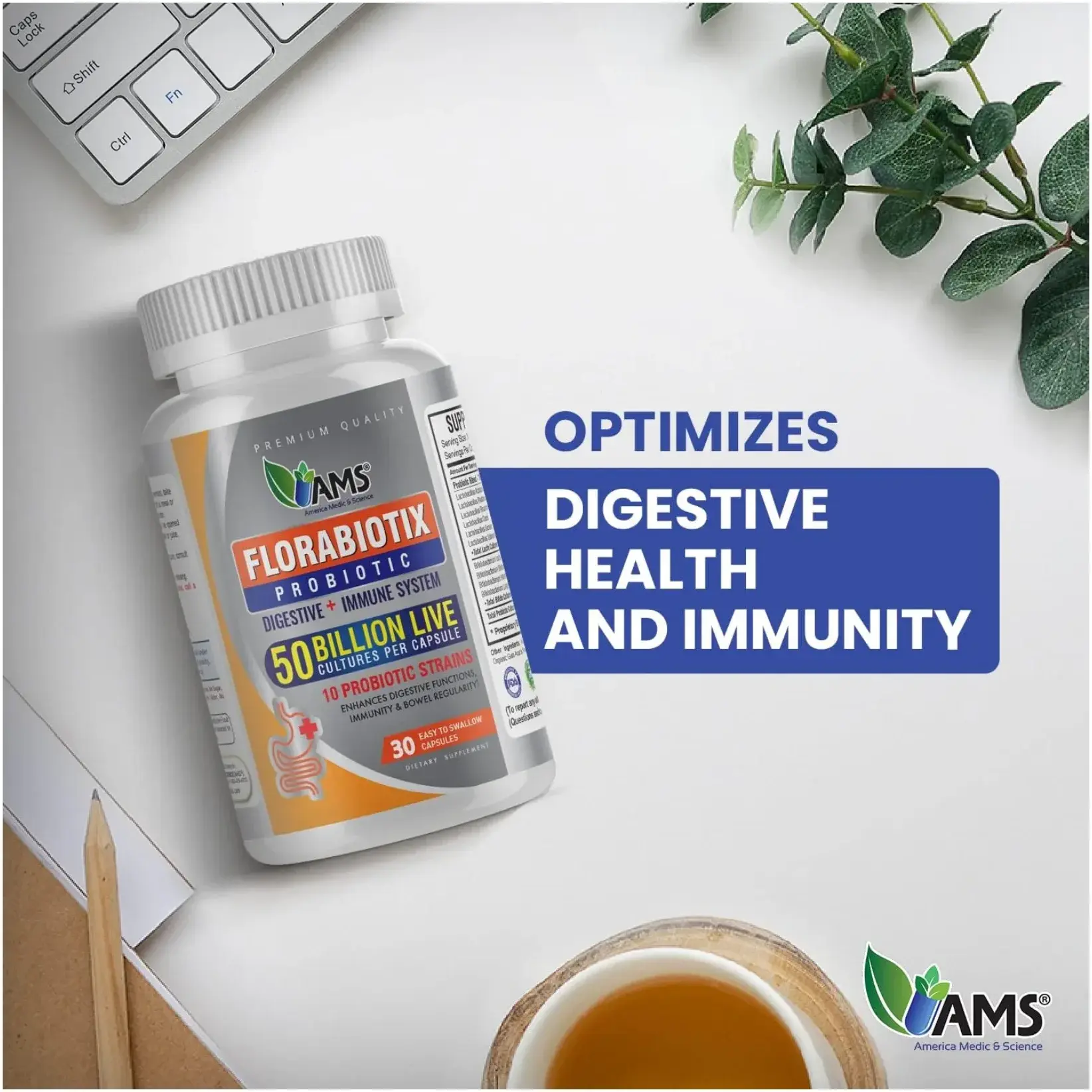 AMS Florabiotix 50 Billion CFU Probiotic Digestive Health Capsules 30s