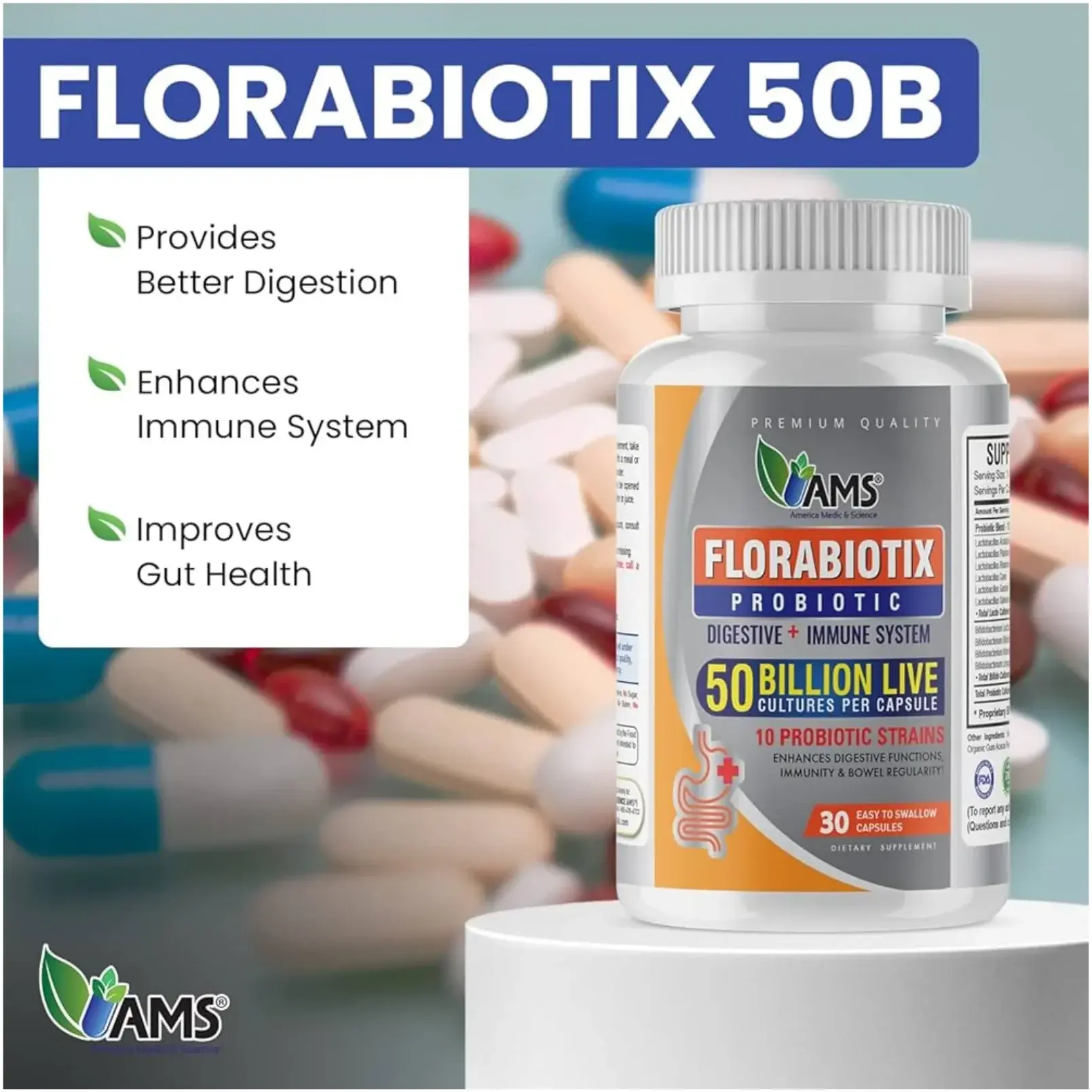 AMS Florabiotix 50 Billion CFU Probiotic Digestive Health Capsules 30s