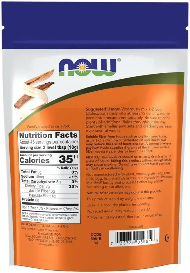 Now Whole Psyllium Husks Fibre & Digestive Support Supplement 454g