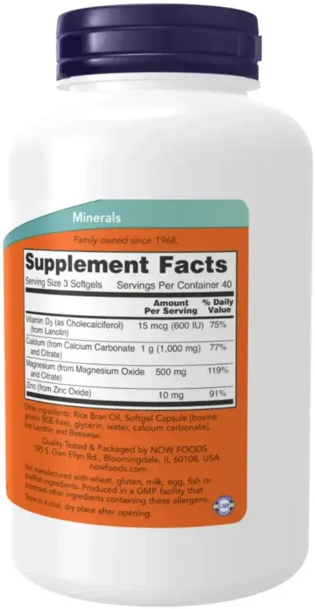 Now Calcium Magnesium with Vitamin D3 & Zinc Bone Support Softgels 120s