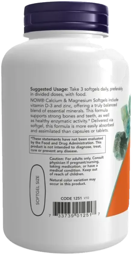 Now Calcium Magnesium with Vitamin D3 & Zinc Bone Support Softgels 120s