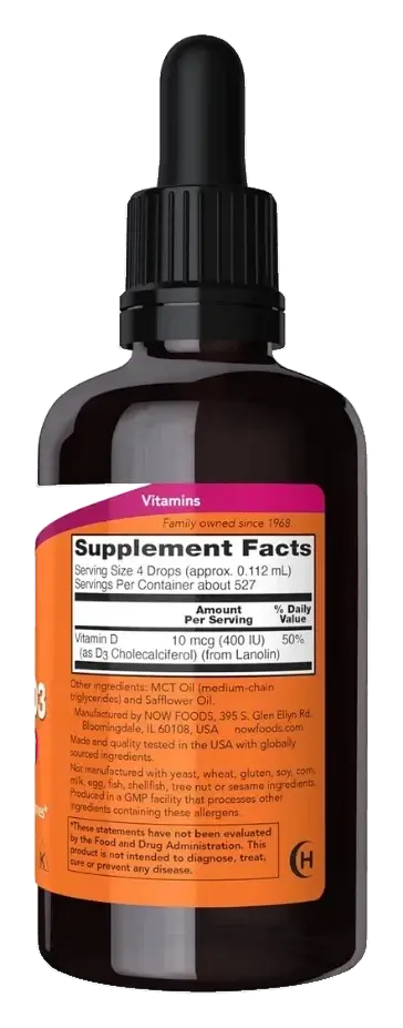 Now Vitamin D3 400IU Bone Support Liquid Drops 59mL