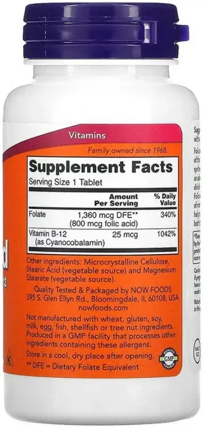 Now Folic Acid 800mcg with Vitamin B12 Homocysteine Metabolism Tablets 250s