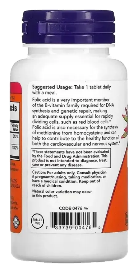 Now Folic Acid 800mcg with Vitamin B12 Homocysteine Metabolism Tablets 250s