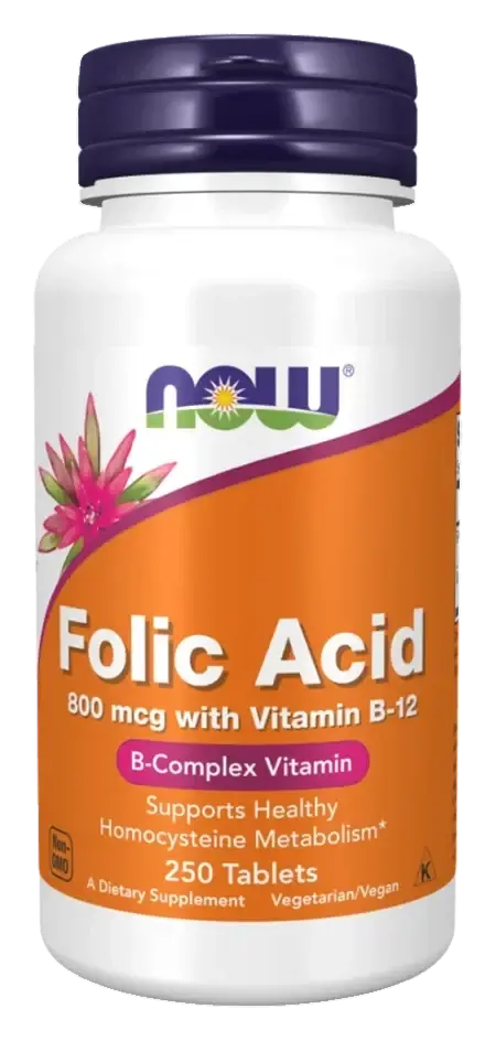 Now Folic Acid 800mcg with Vitamin B12 Homocysteine Metabolism Tablets 250s pack