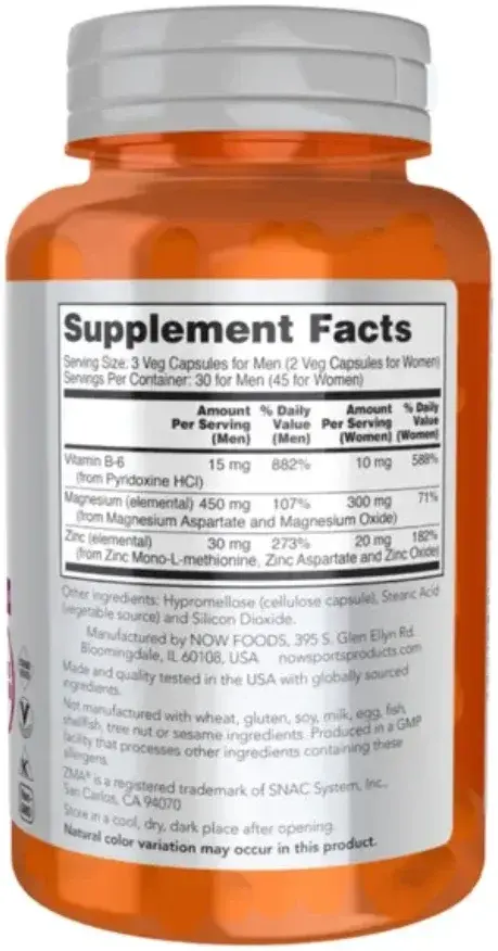 Now Sports ZMA Recovery Support Supplement Capsules 90s