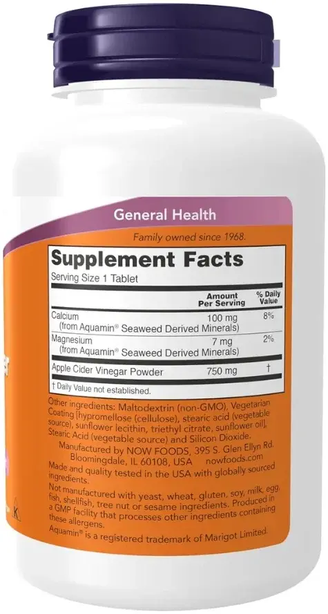 Now Extra Strength Apple Cider Vinegar Supplement Tablets 750mg 180s