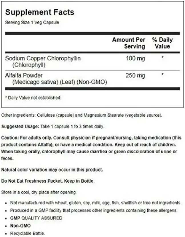 Now Chlorophyll Antioxidant & Detox Capsules with Alfalfa 100mg 90s