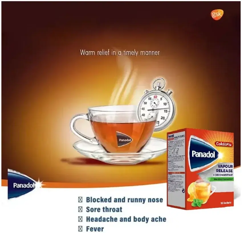 Cup of Panadol Cold & Flu Vapour Release hot drink with steam