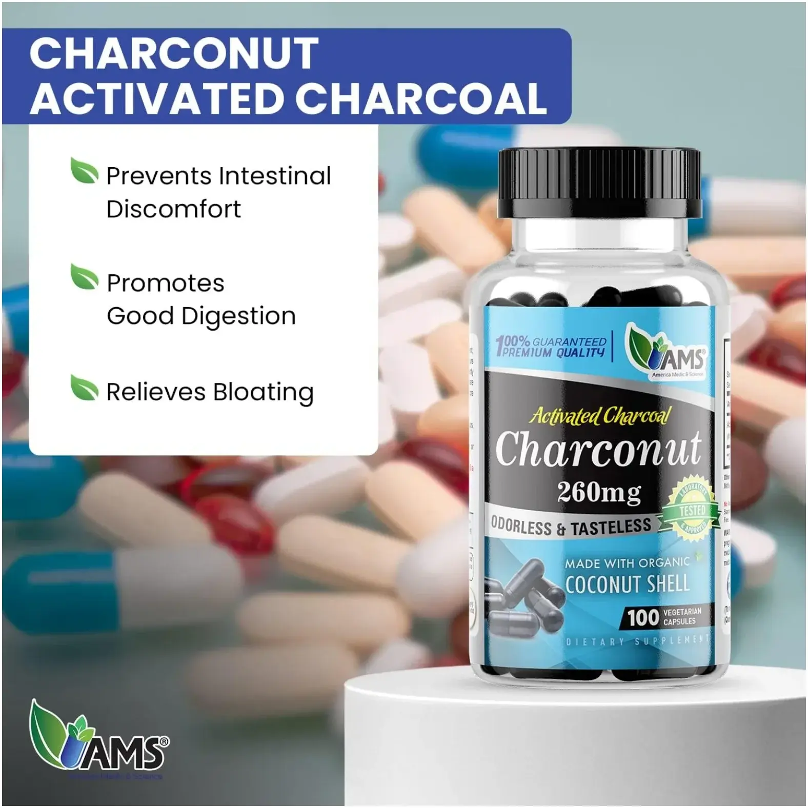 AMS Charconut Activated Charcoal & Coconut Detox Veg Capsules 100s