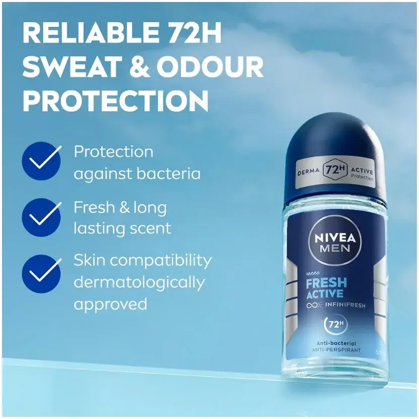 Nivea Nv307 Antiperspirant Roll-on for Men, Fresh Active Fresh Scent, 50mL