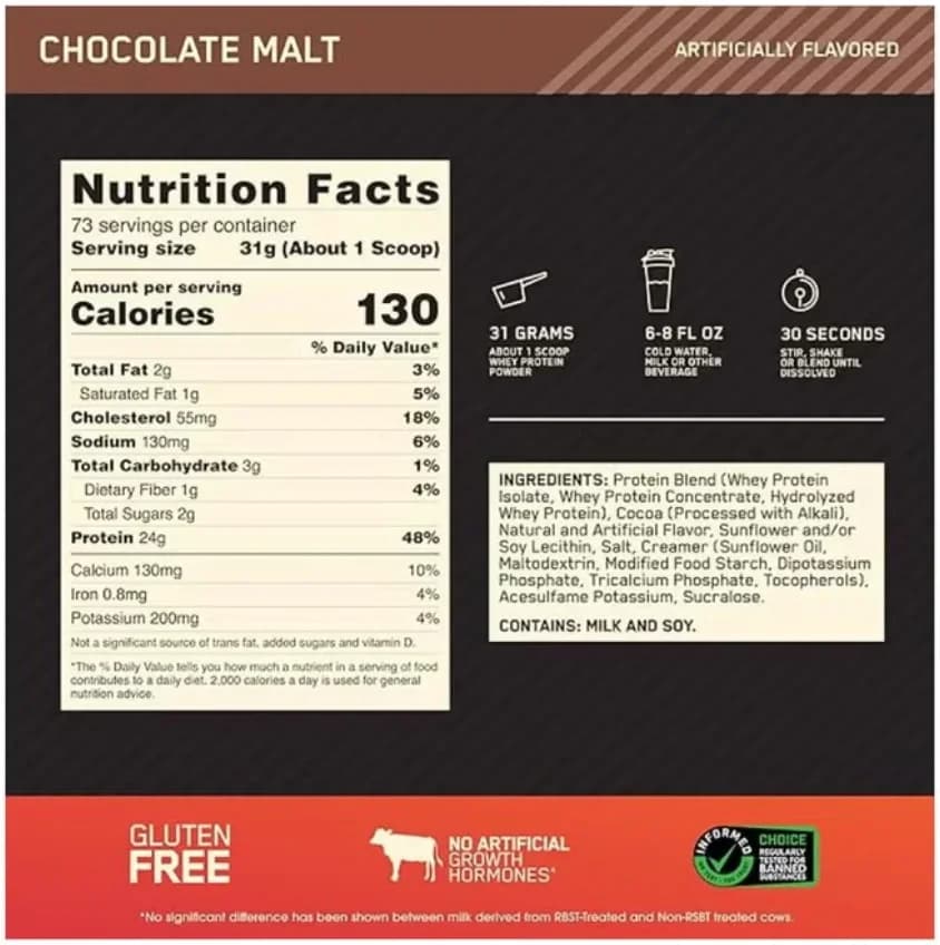 Optimum Nutrition 100% Whey Gold Standard Chocolate Malt Protein Powder 5Lb