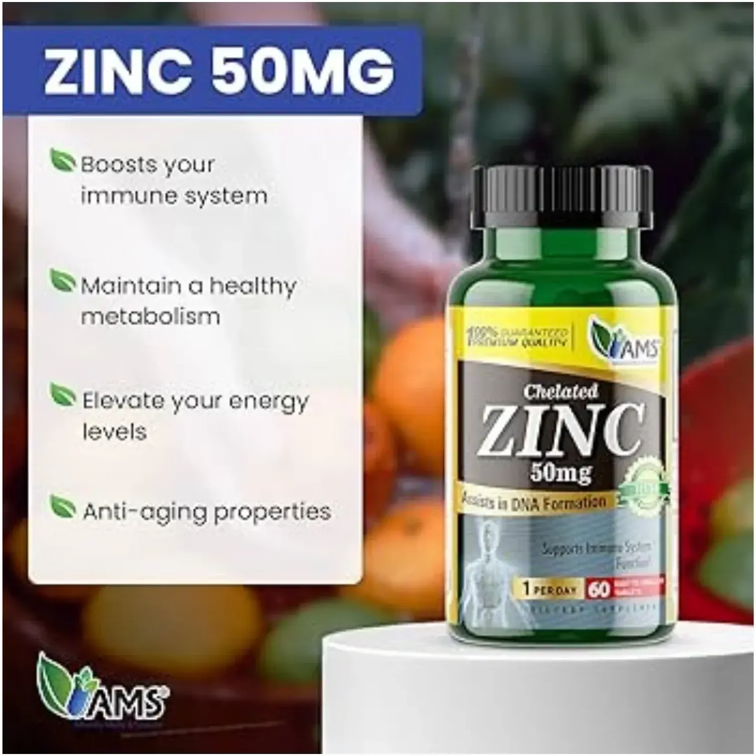 AMS Zinc 50mg Immune Support & Antioxidant Tablets 60s