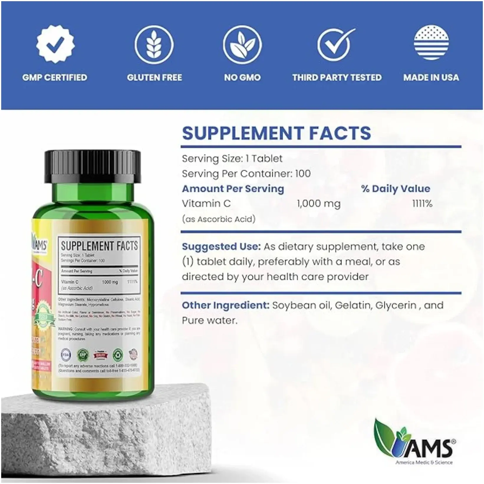 AMS Rapid C 1000mg Fast-Release Immune Support Vitamin C Tablets 100s