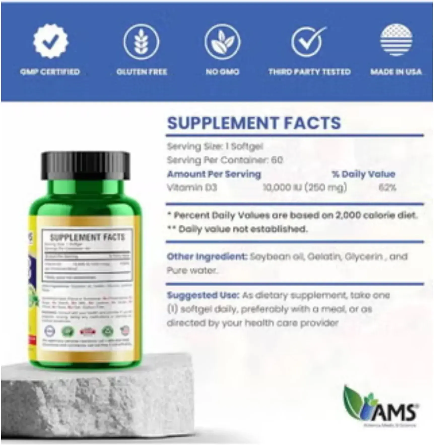 AMS Vitamin D3 10000 IU Bone & Immune Health Softgels 60s