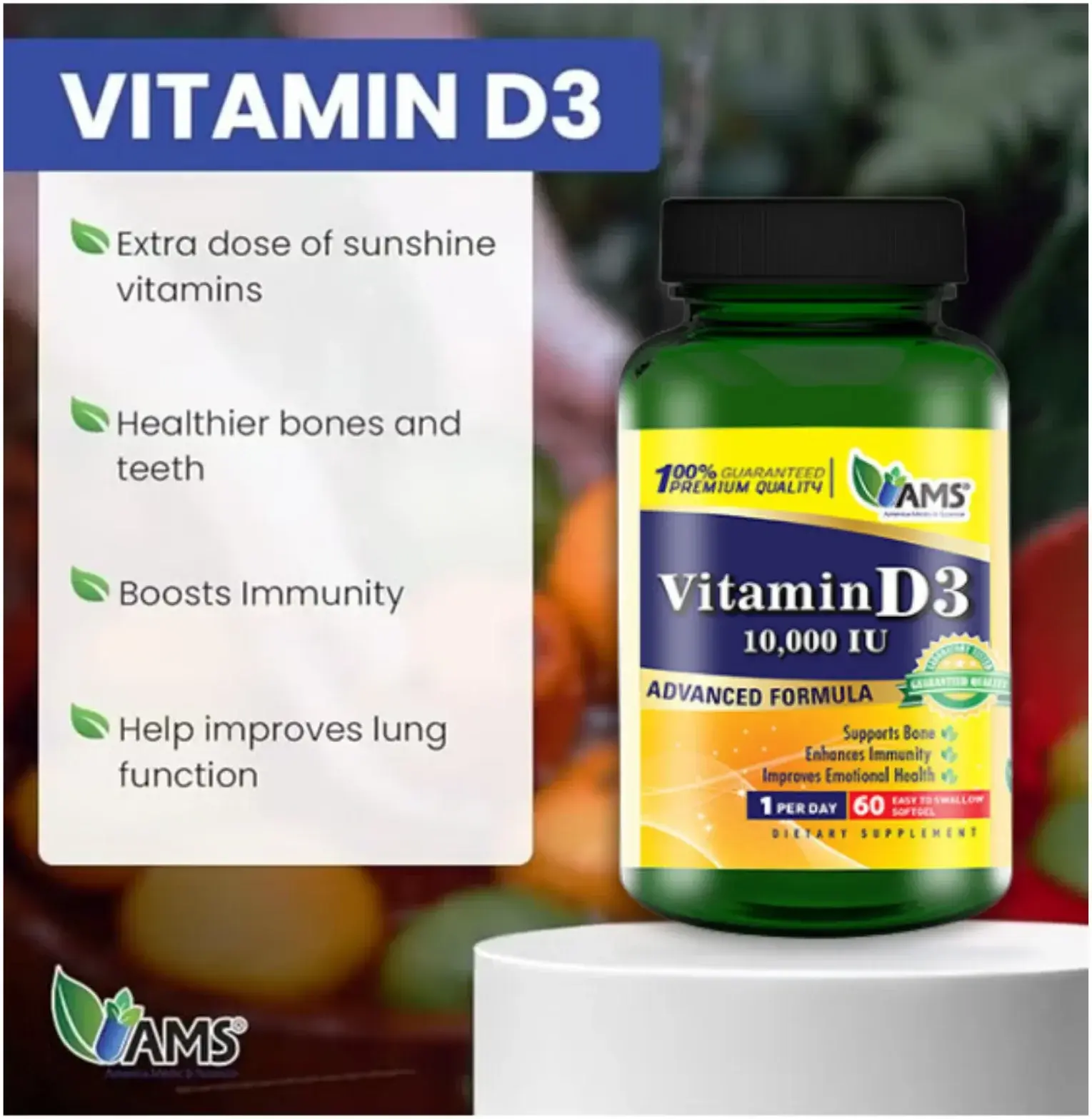 AMS Vitamin D3 10000 IU Bone & Immune Health Softgels 60s