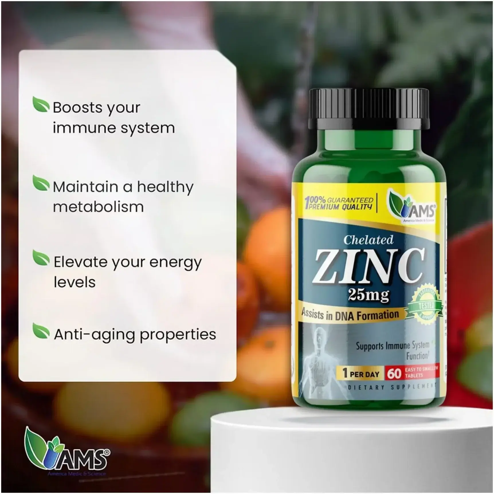 AMS Zinc 25mg Immune Support & Antioxidant Tablets 60s