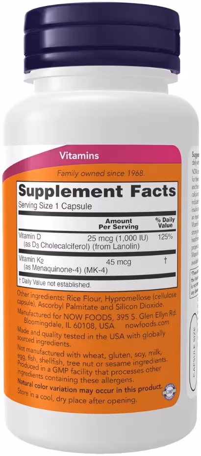 Now Vitamin D3 1000 IU + K2 45mcg Bone & Cardiovascular Health Capsules 120s