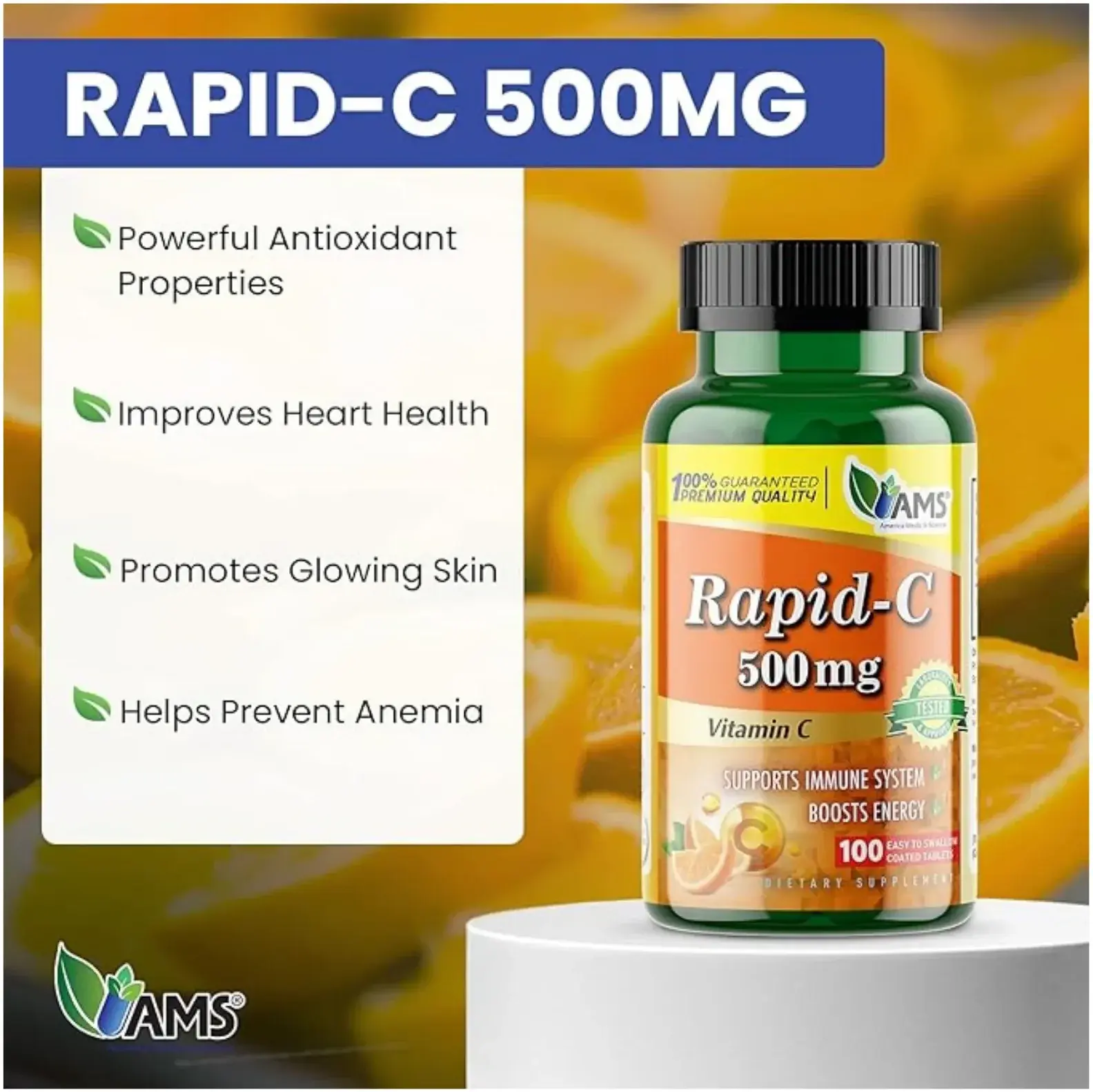 AMS Rapid C 500mg Fast-Release Vitamin C Immune Support Tablets 100s