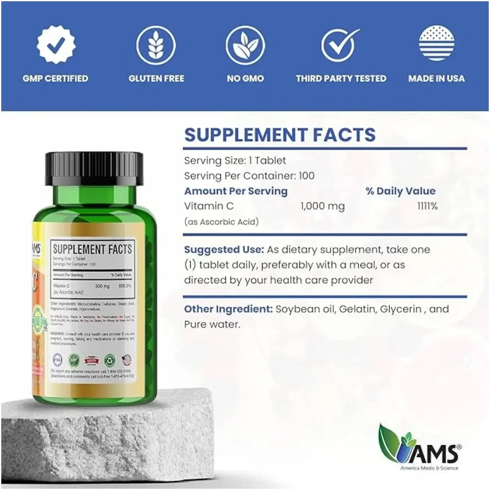 AMS Rapid C 500mg Fast-Release Vitamin C Immune Support Tablets 100s