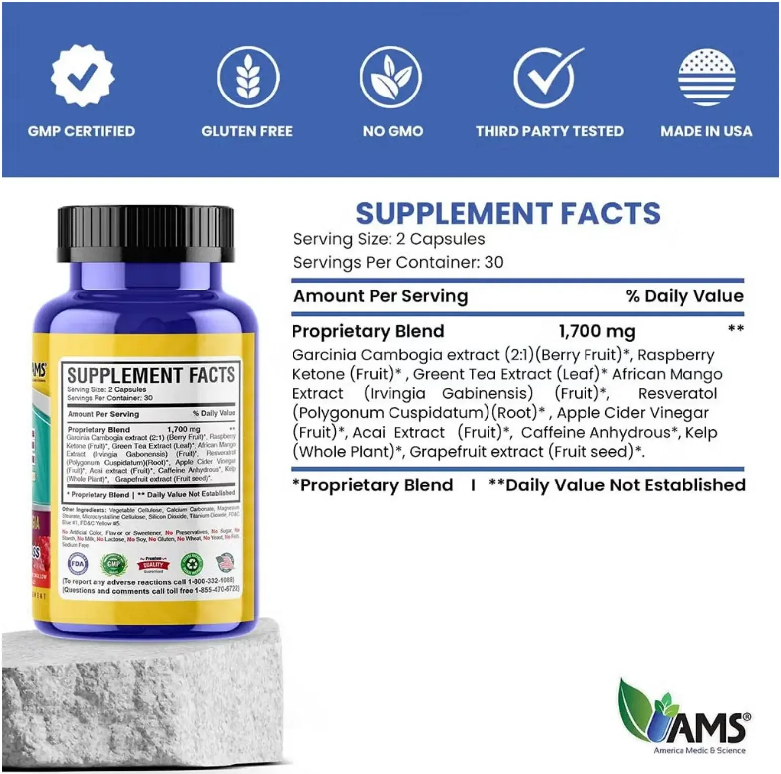 AMS Raspberry Ketone with Garcinia Weight Management Capsules 60s