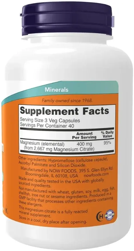 Now Magnesium Citrate Supplement Veg Capsules 120s