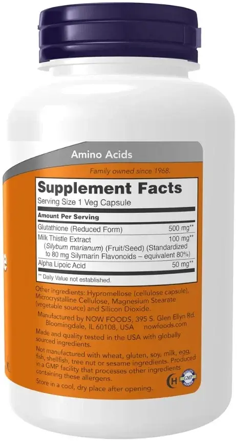 Now Glutathione Antioxidant Supplement with Milk Thistle & ALA 500mg 60 Capsules