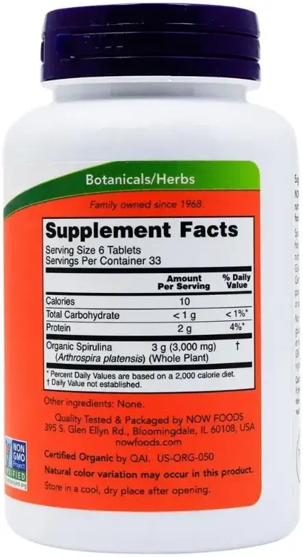 Now Organic Spirulina Superfood Supplement Tablets 500mg 200s