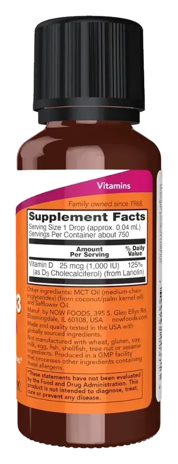 Now Vitamin D3 1000IU Bone Support Liquid Drops 30mL