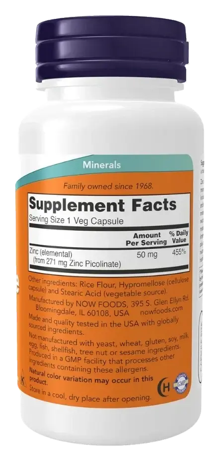 Now Zinc Picolinate Immune & Enzyme Function Capsules 50mg 120s