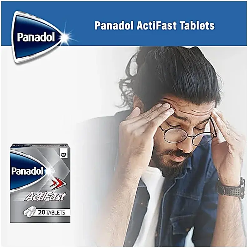 Man with a headache next to Panadol Actifast tablets