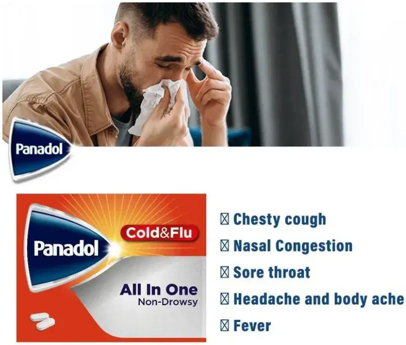 Man with a cold – Panadol All In One relieves chesty cough, nasal congestion, sore throat, headache, body ache and fever