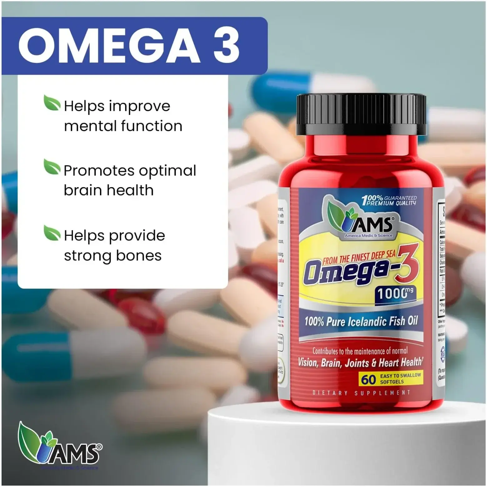 AMS Omega-3 1000mg Heart & Brain Health Fish Oil Softgels 60s